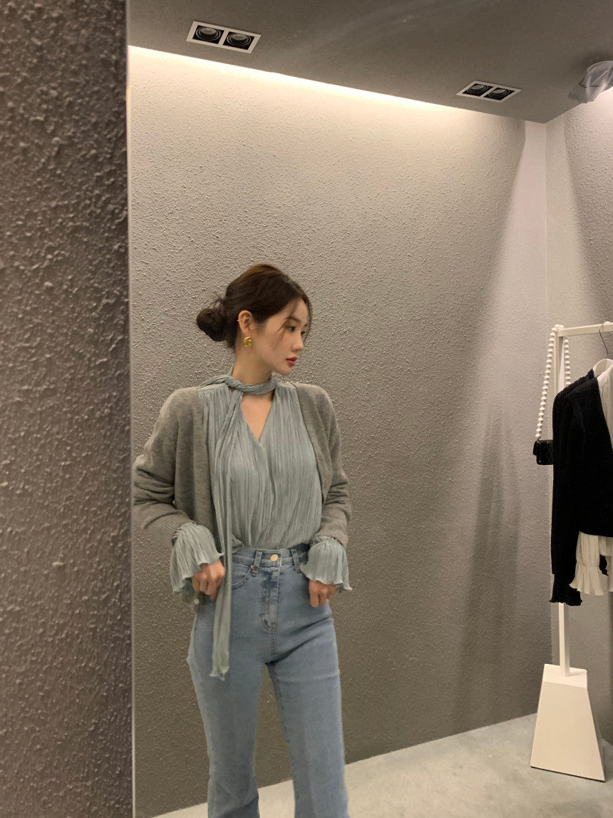 高級感褶皺喇叭袖襯衫