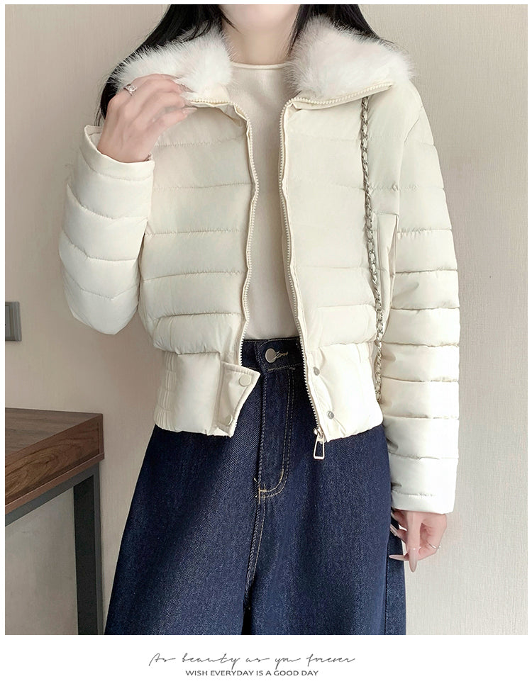 韓系溫暖加厚羽絨短版毛毛連帽外套