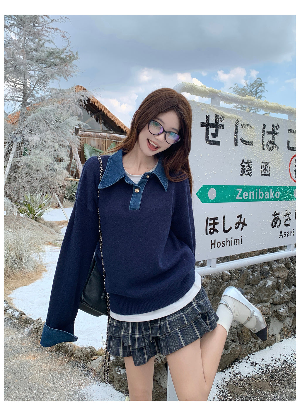 美式復古拼接假兩件毛衣