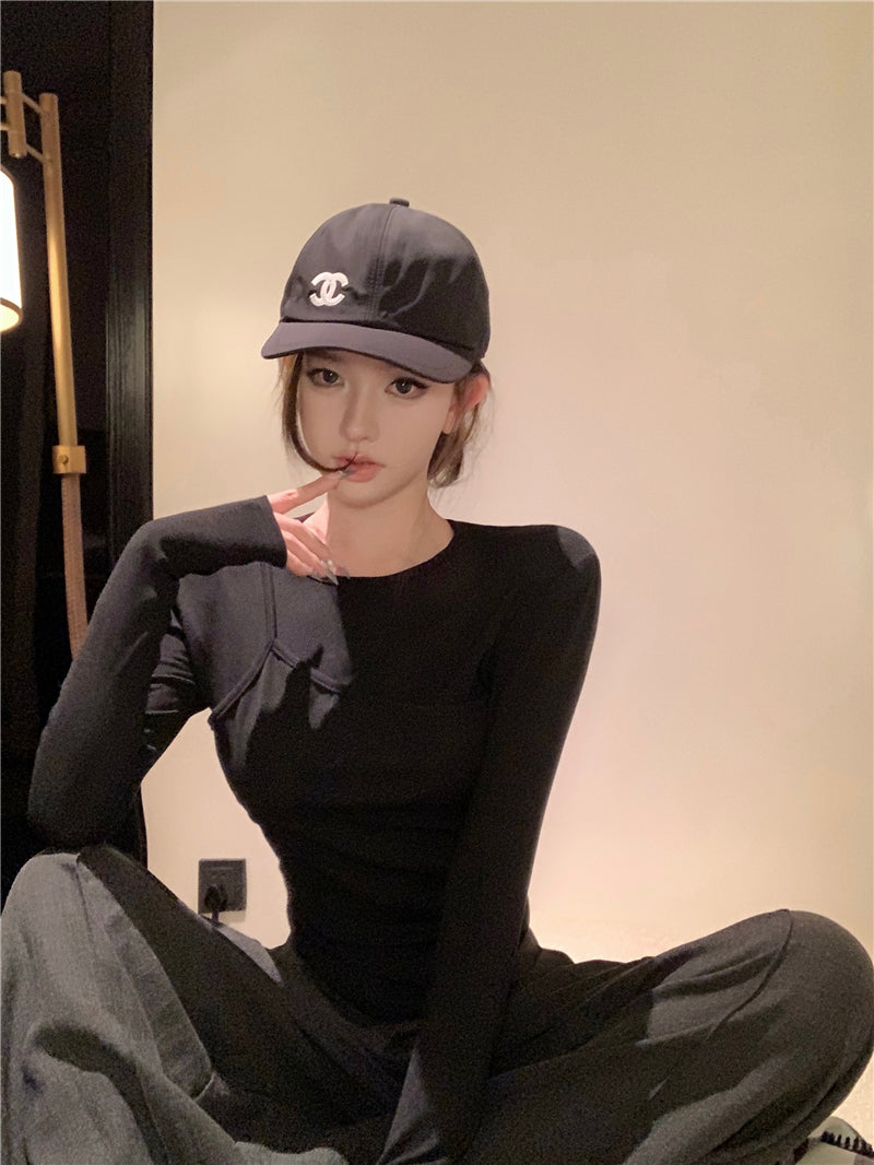 簡約時尚純欲顯瘦假兩件拼接長袖上衣
