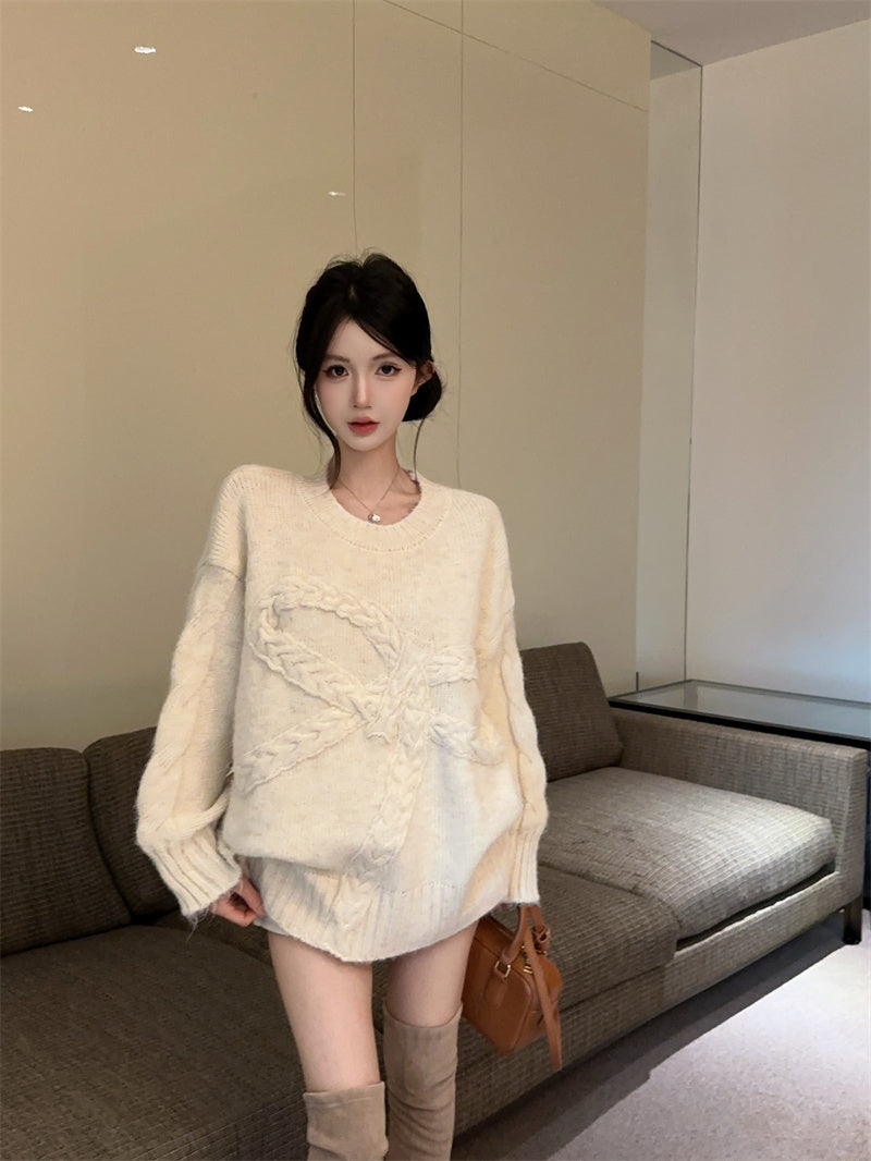 慵懶高級感蝴蝶結圓領寬鬆針織衫
