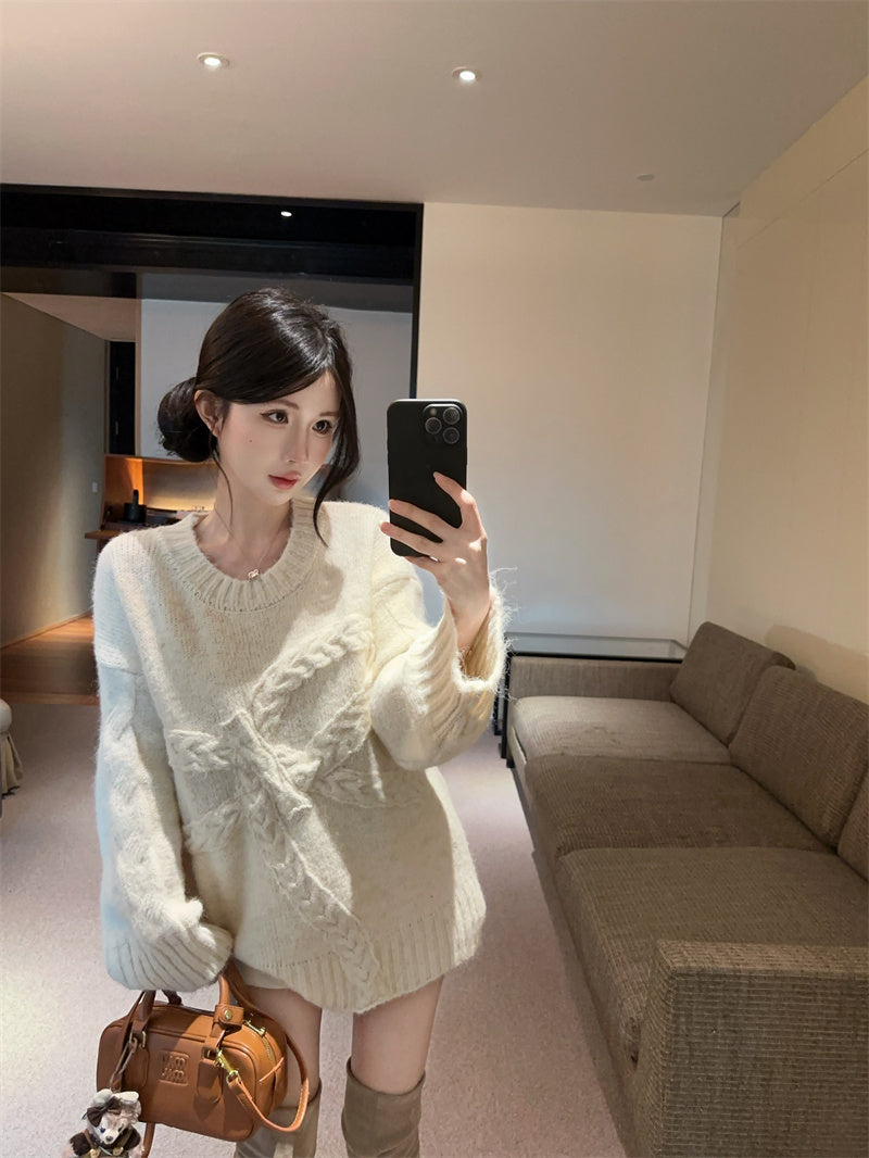 慵懶高級感蝴蝶結圓領寬鬆針織衫