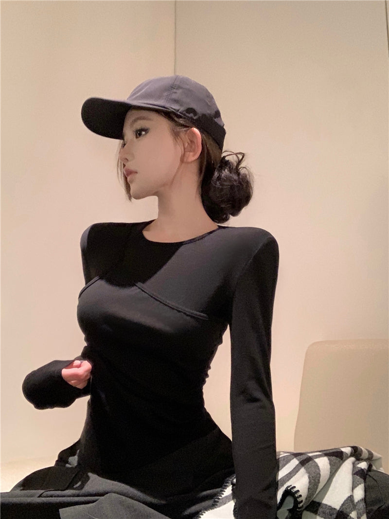 簡約時尚純欲顯瘦假兩件拼接長袖上衣