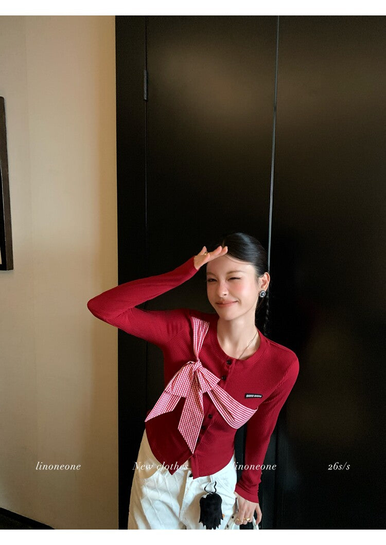 雙色格紋蝴蝶結設計感撞色針織上衣