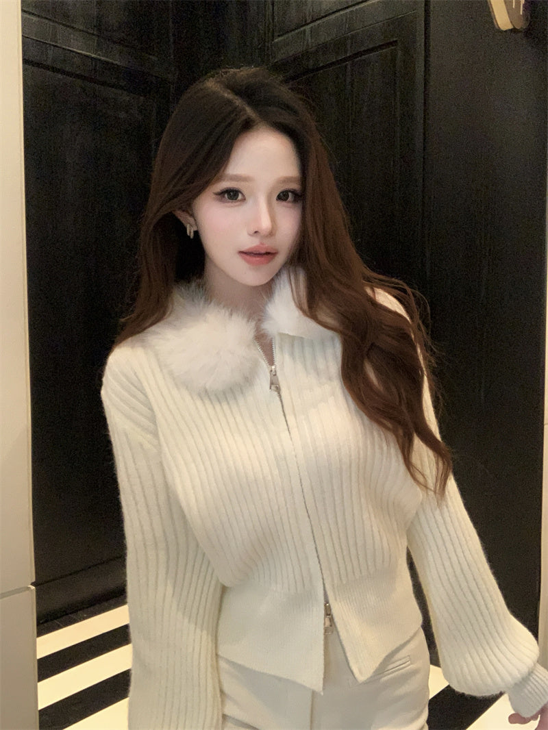 復古慵懶風毛領條紋針織衫外套