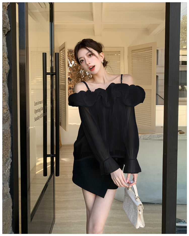 法式高級感荷葉邊露肩上衣