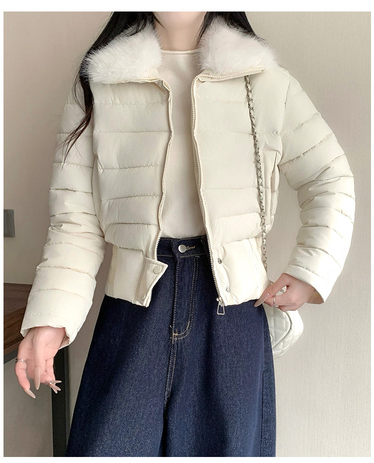 韓系溫暖加厚羽絨短版毛毛連帽外套