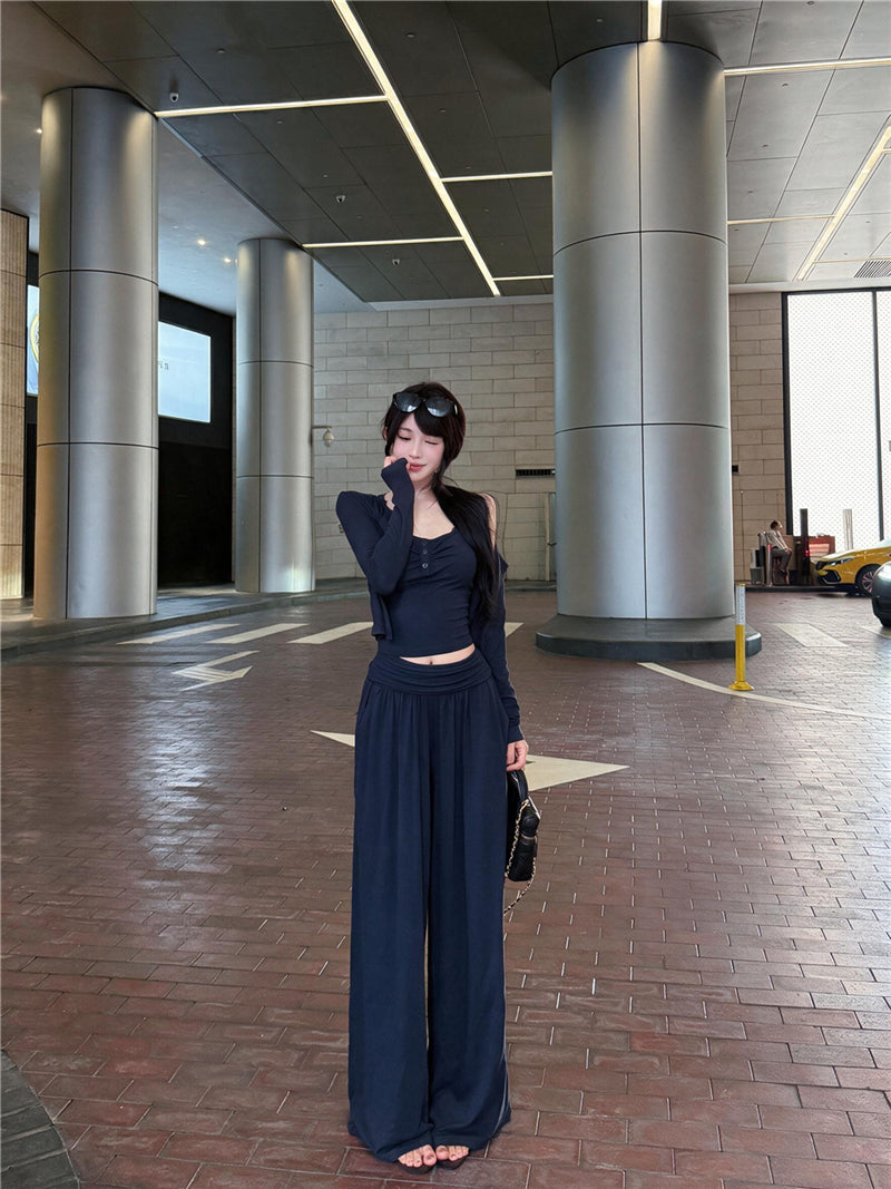 氣質性感蕾絲吊帶背心外套褲子三件套