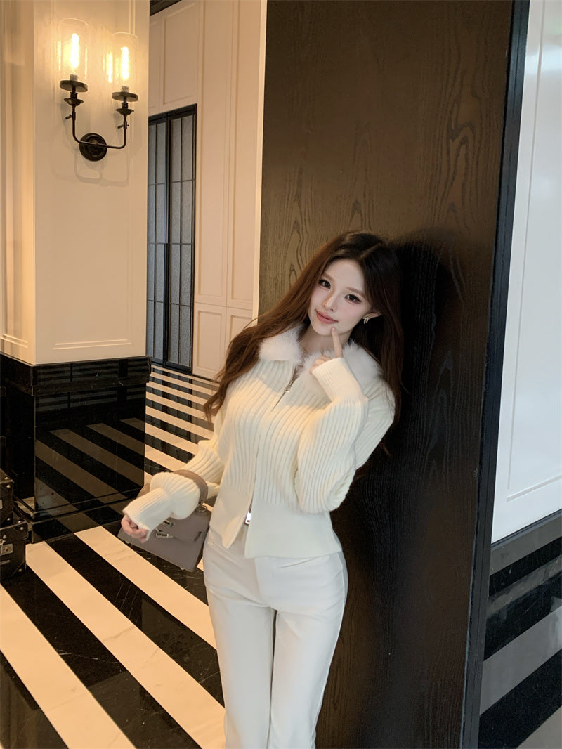 復古慵懶風毛領條紋針織衫外套