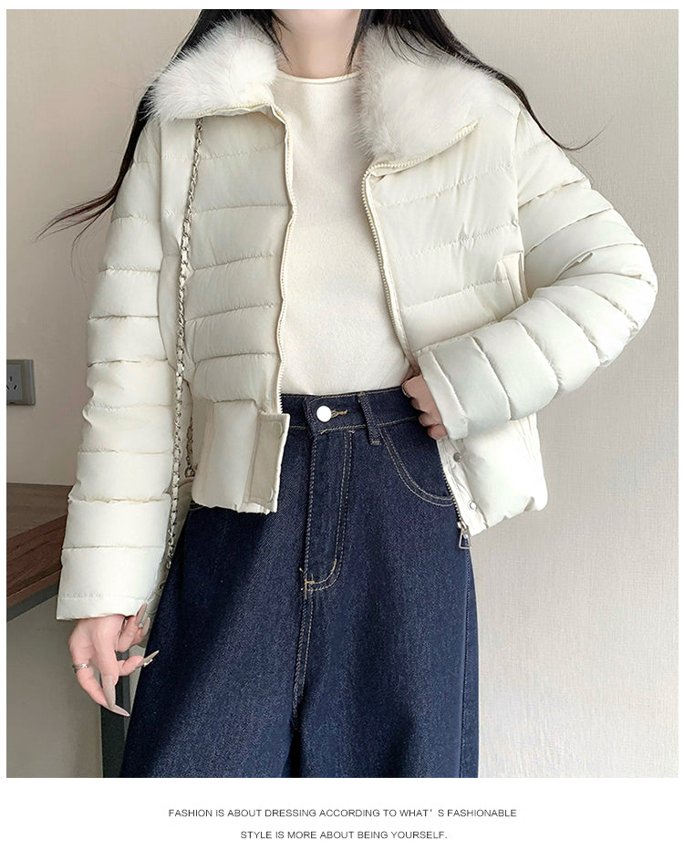 韓系溫暖加厚羽絨短版毛毛連帽外套