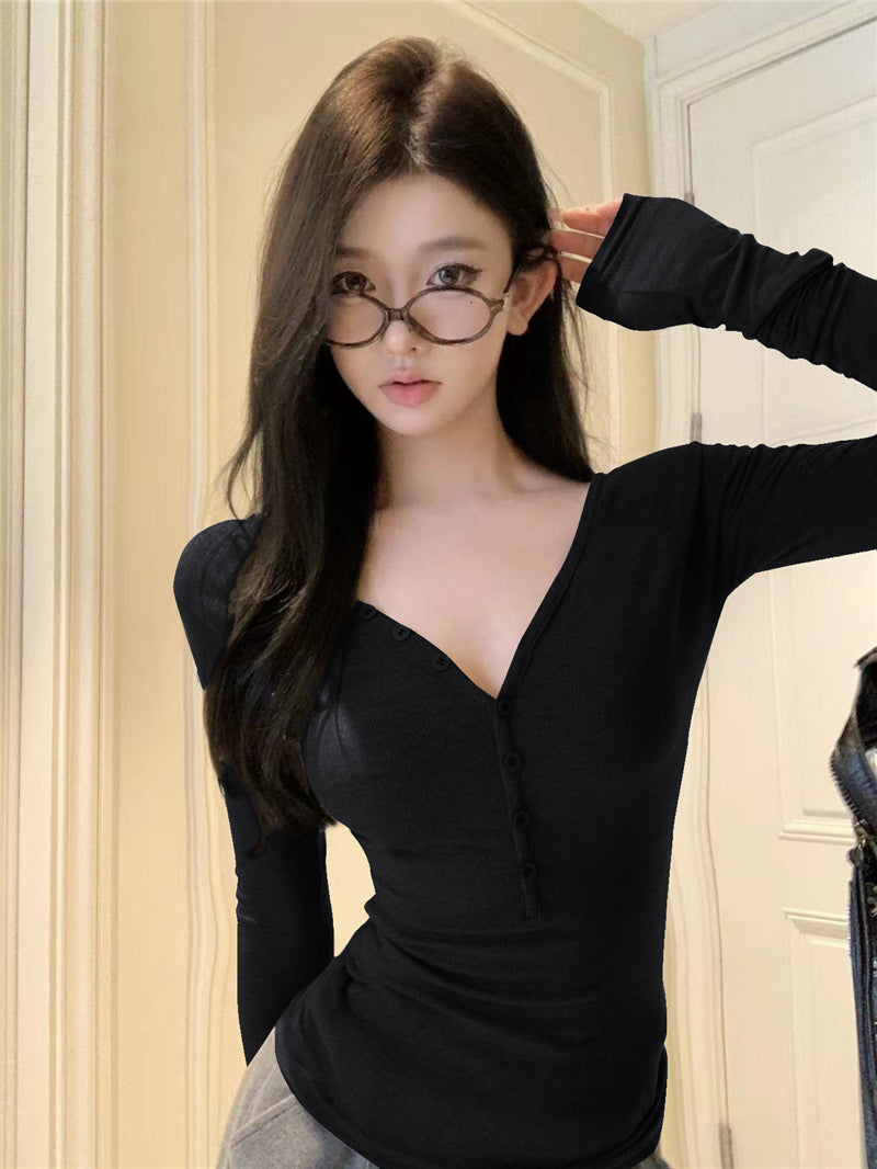 美式復古休閒V領長袖上衣