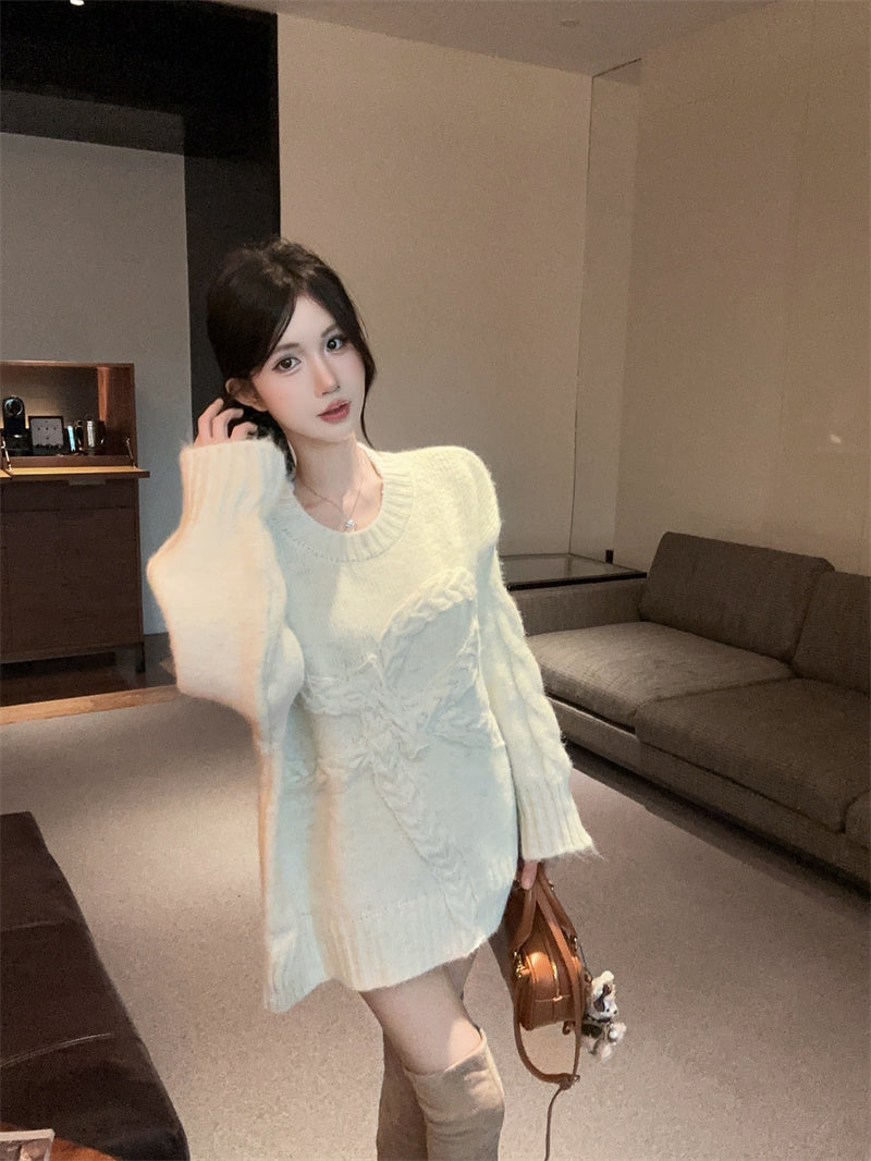 慵懶高級感蝴蝶結圓領寬鬆針織衫