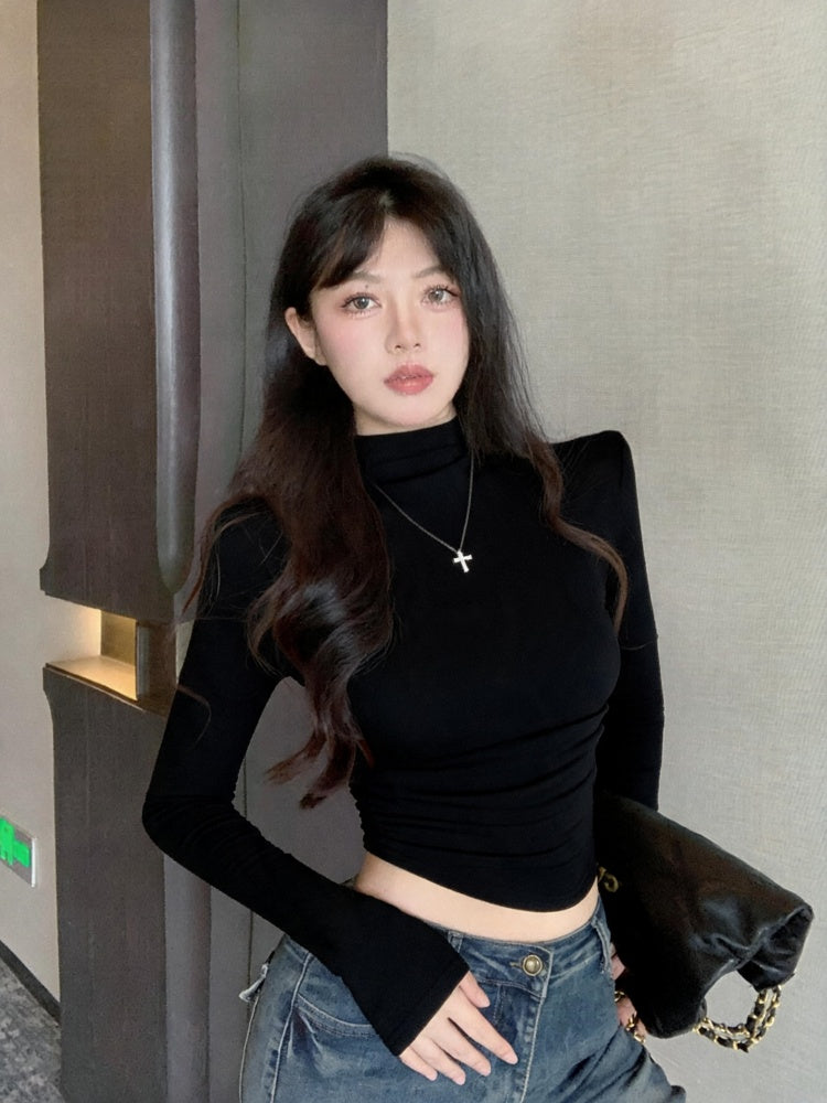 優雅溫柔半高領磨毛加絨打底長袖上衣