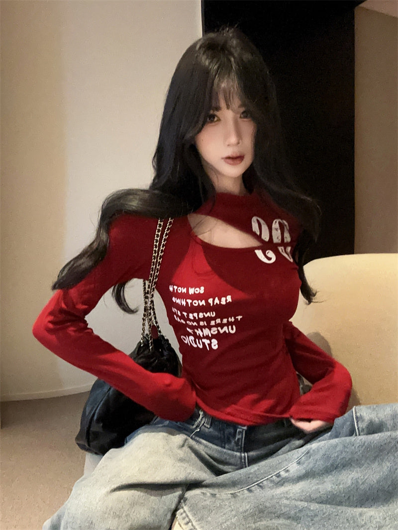 美式辣妹鏤空露鎖骨氣質上衣