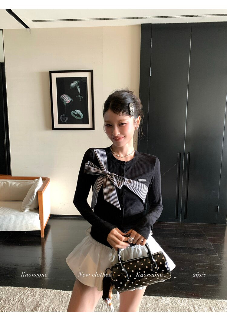 雙色格紋蝴蝶結設計感撞色針織上衣