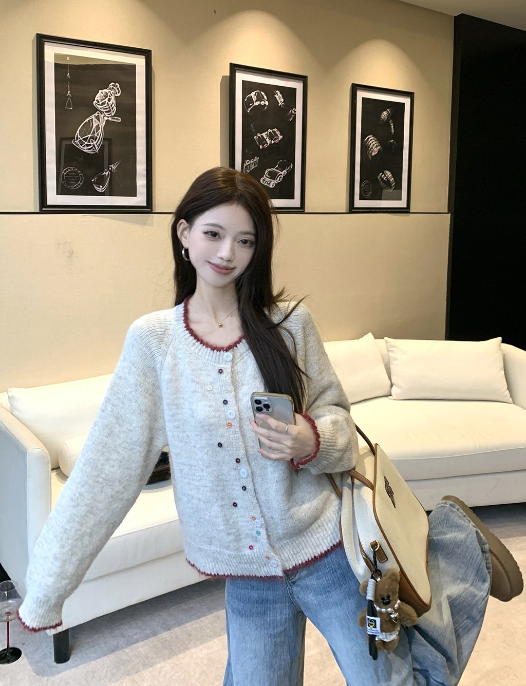 韓系撞色彩扣毛衣外套