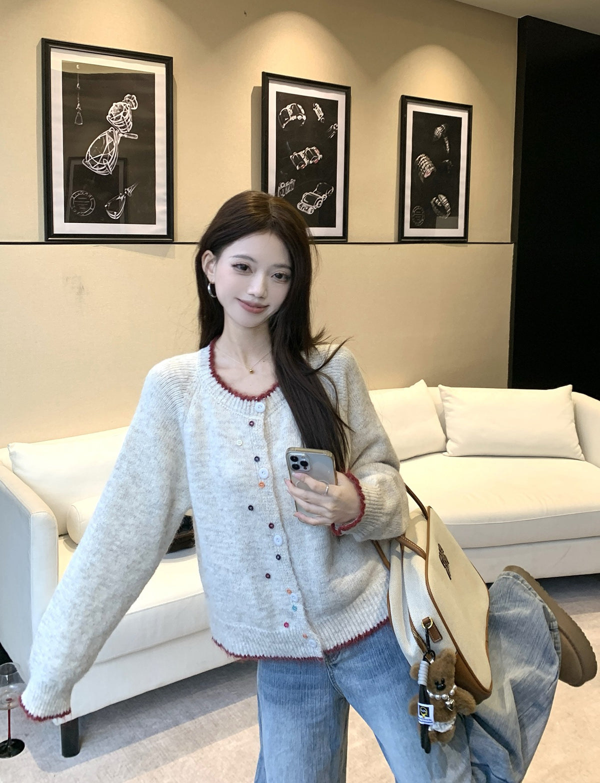 韓系撞色彩扣毛衣外套