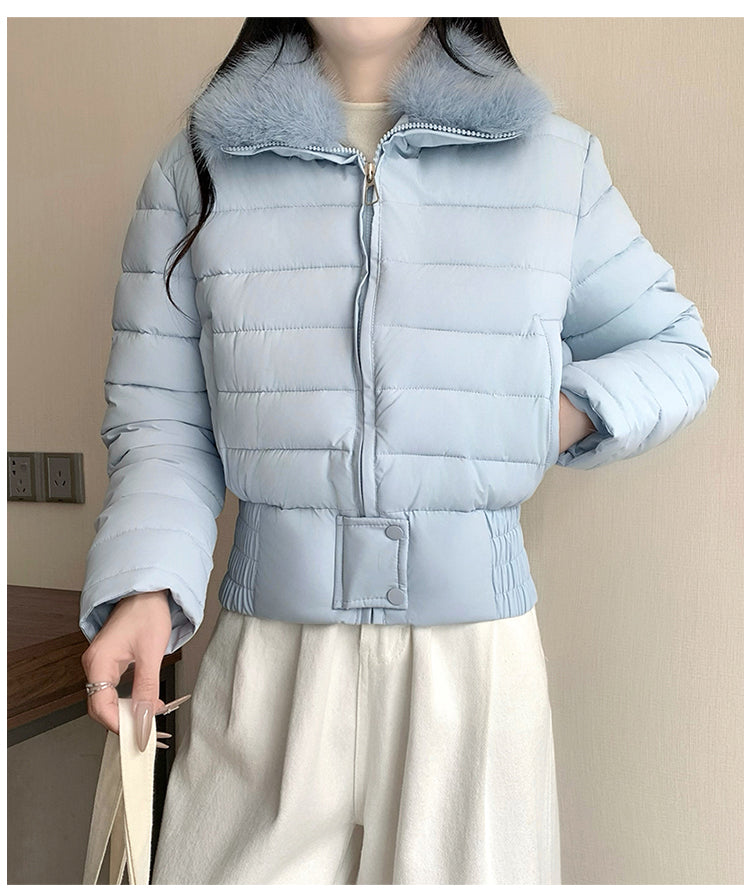 韓系溫暖加厚羽絨短版毛毛連帽外套