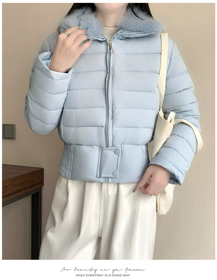 韓系溫暖加厚羽絨短版毛毛連帽外套