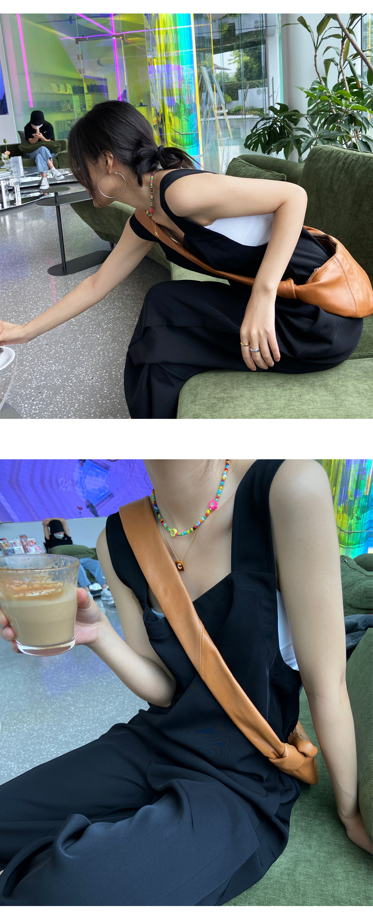 黑色休閒垂感寬鬆直筒高腰顯瘦背帶褲