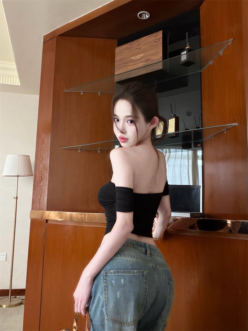 純欲一字肩褶皺短款小個子上衣