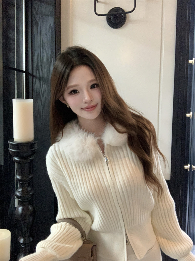 復古慵懶風毛領條紋針織衫外套