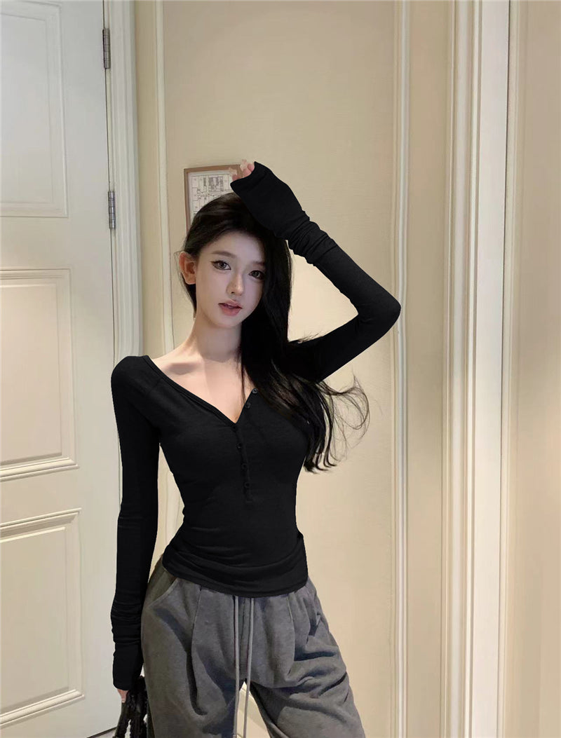 美式復古休閒V領長袖上衣