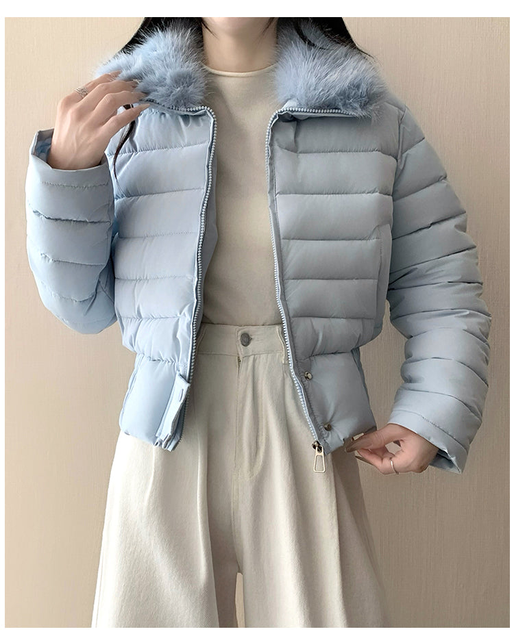 韓系溫暖加厚羽絨短版毛毛連帽外套