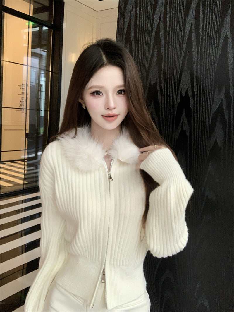 復古慵懶風毛領條紋針織衫外套