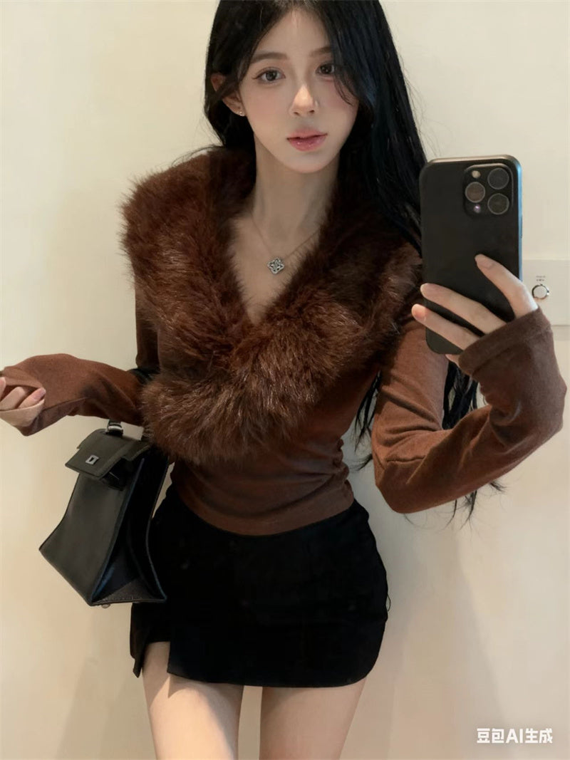 純欲辣妹毛領拼接V領內搭打底衫