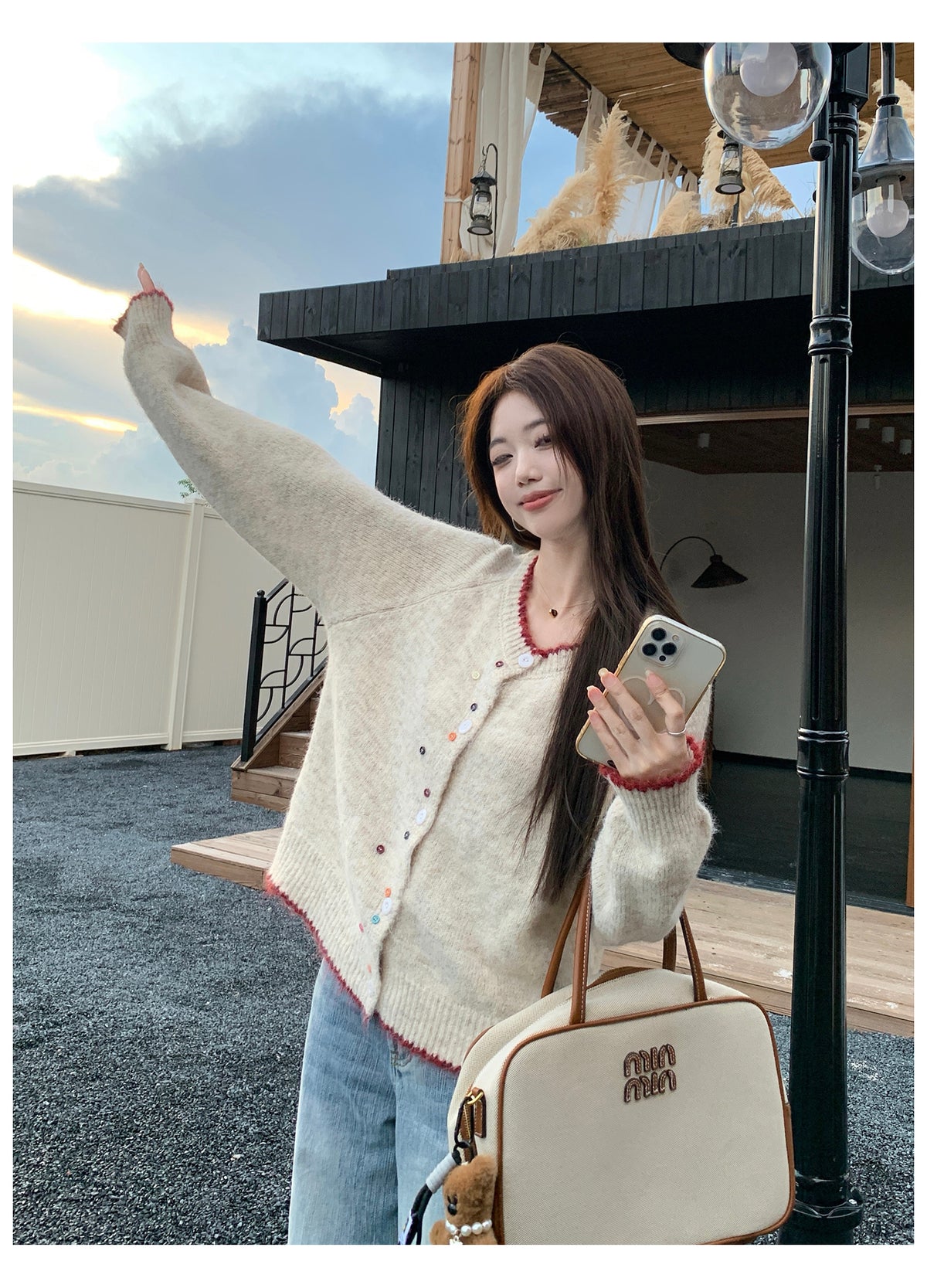 韓系撞色彩扣毛衣外套
