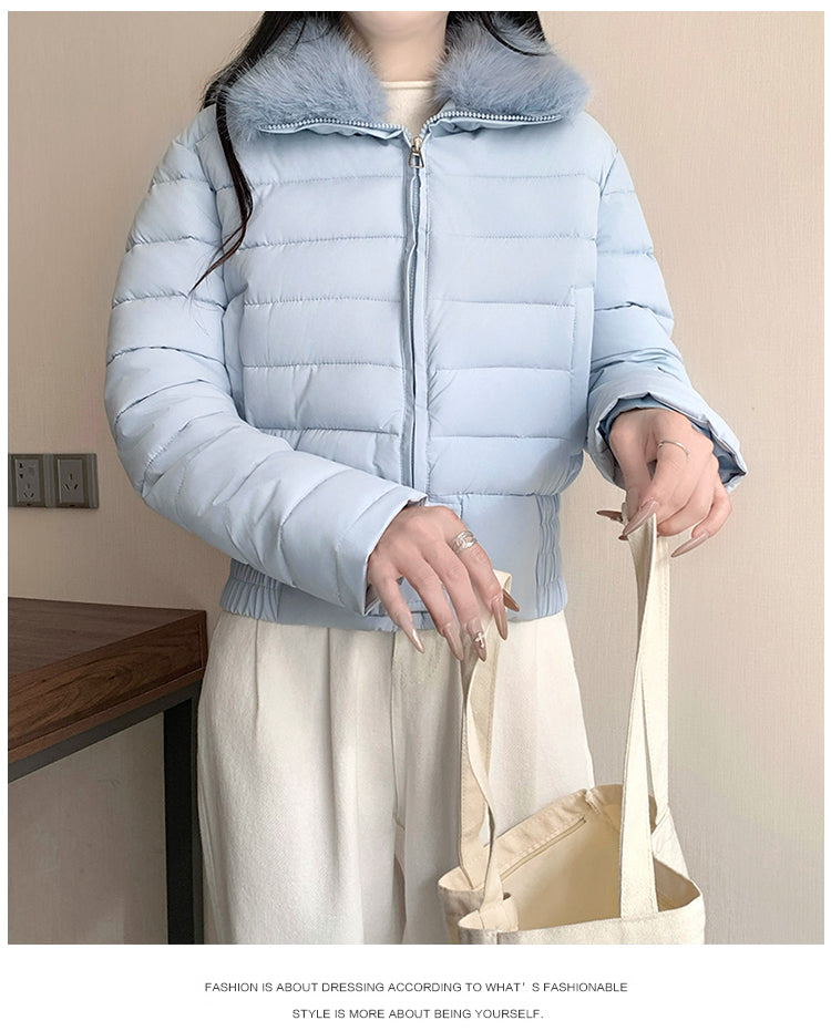 韓系溫暖加厚羽絨短版毛毛連帽外套