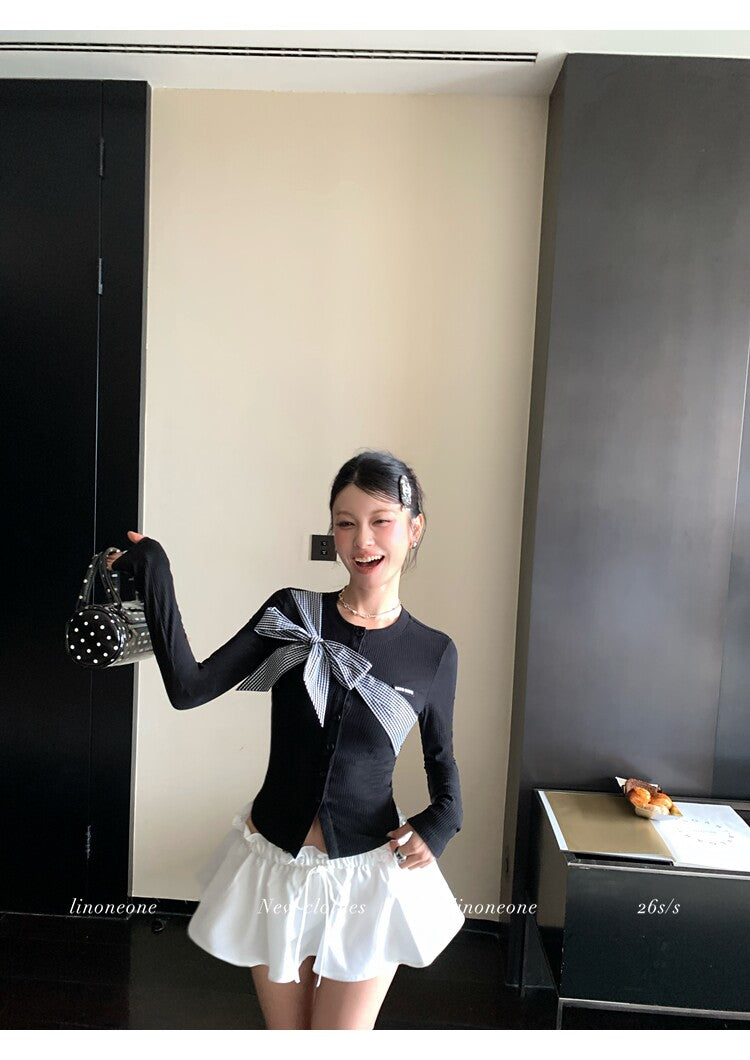 雙色格紋蝴蝶結設計感撞色針織上衣