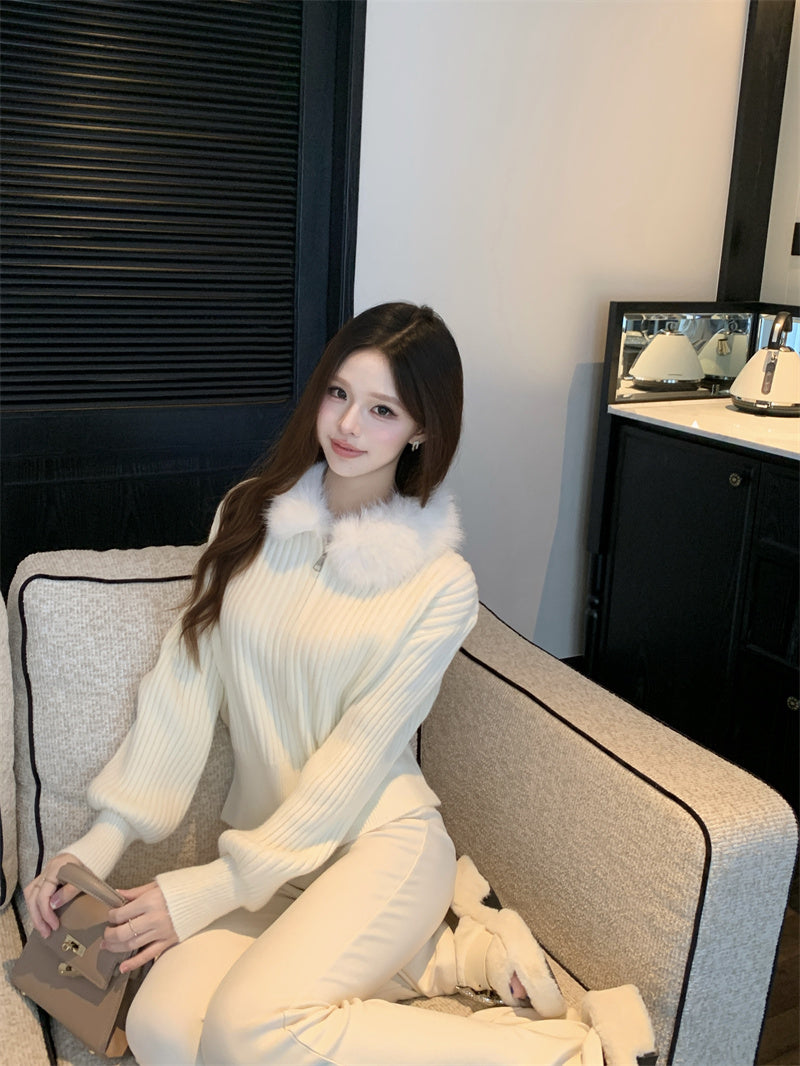 復古慵懶風毛領條紋針織衫外套