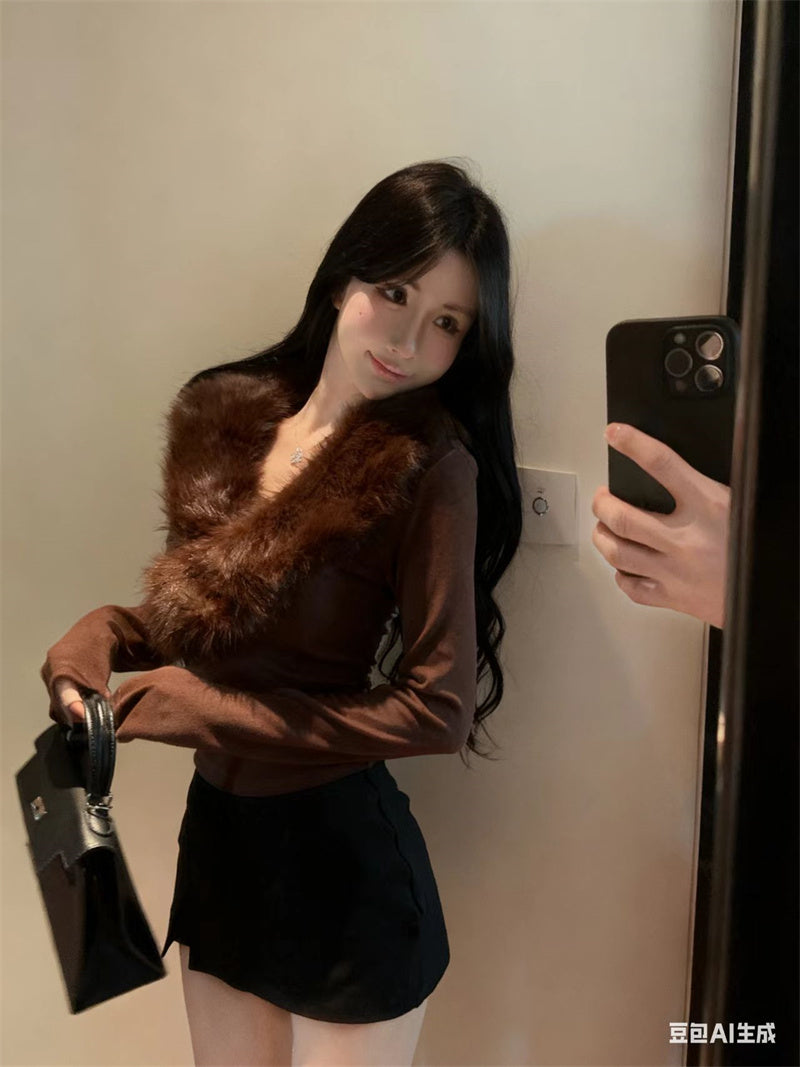 純欲辣妹毛領拼接V領內搭打底衫