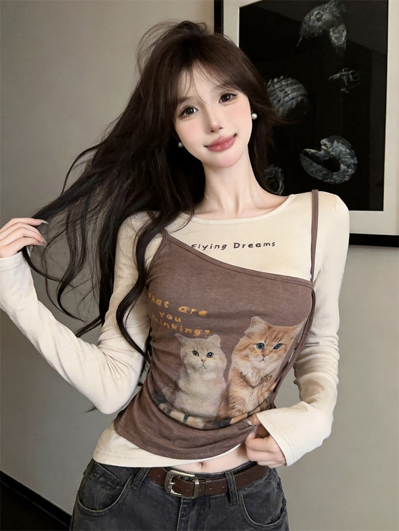 復古甜美貓咪印花撞色假兩件上衣