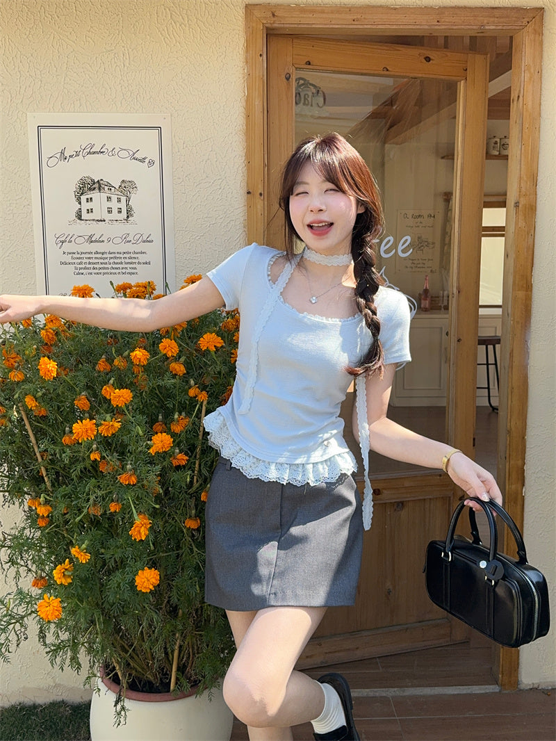純欲辣妹設計感蕾絲花邊短袖