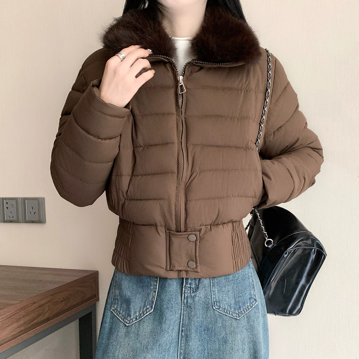 韓系溫暖加厚羽絨短版毛毛連帽外套