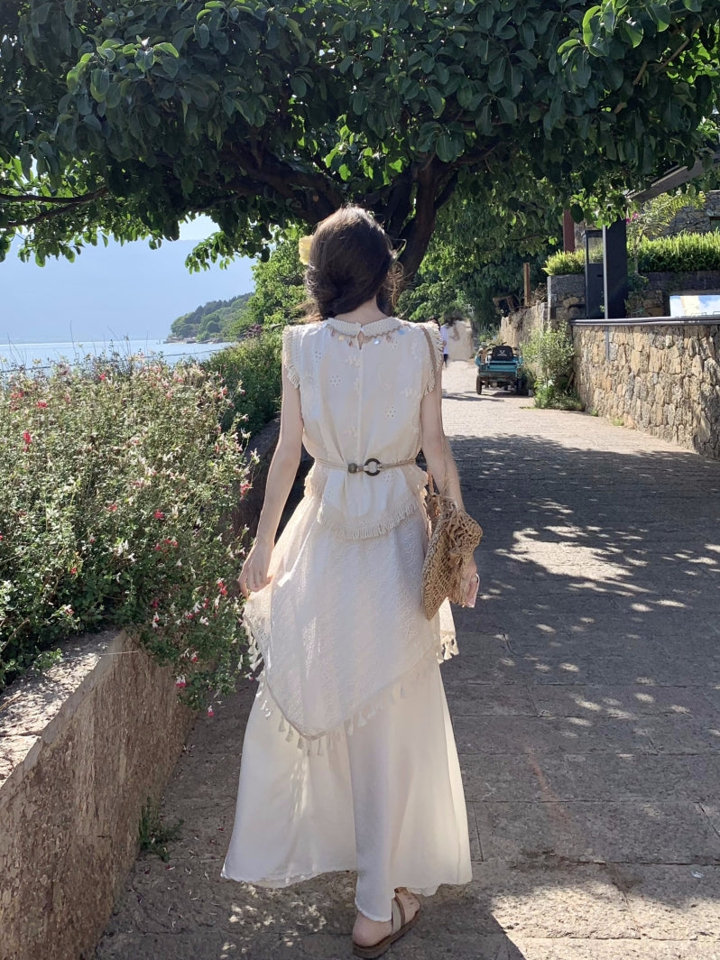 波西米亞不規則流蘇馬甲上衣女度假風半身裙套裝