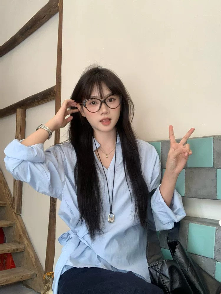 韓系設計感藍色不規則綁帶上衣
