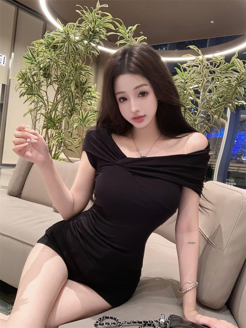 不規則一字肩修身純欲短袖薄款上衣