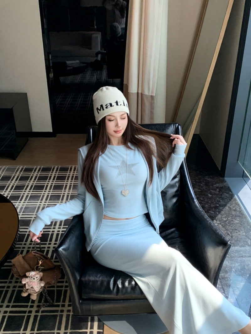 簡約星星辣妹圓領連帽寬鬆長袖套裝