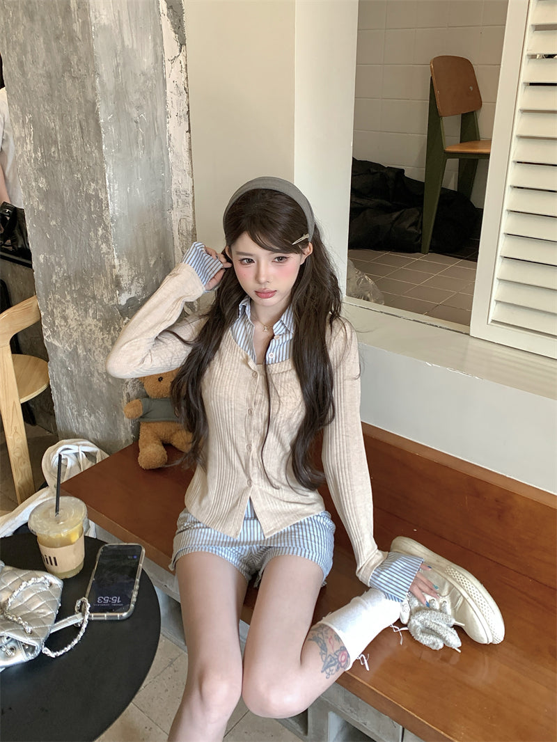 韓系穿搭假兩件襯衫套裝裙