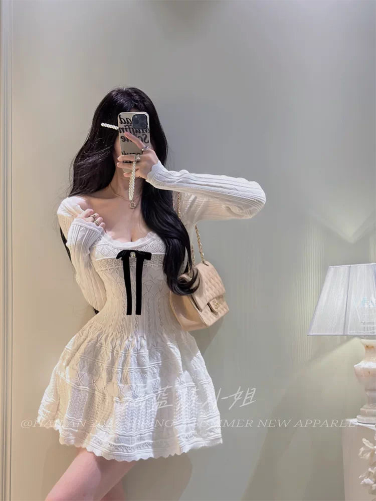 溫柔千金少女蝴蝶結鉤花針織連衣裙
