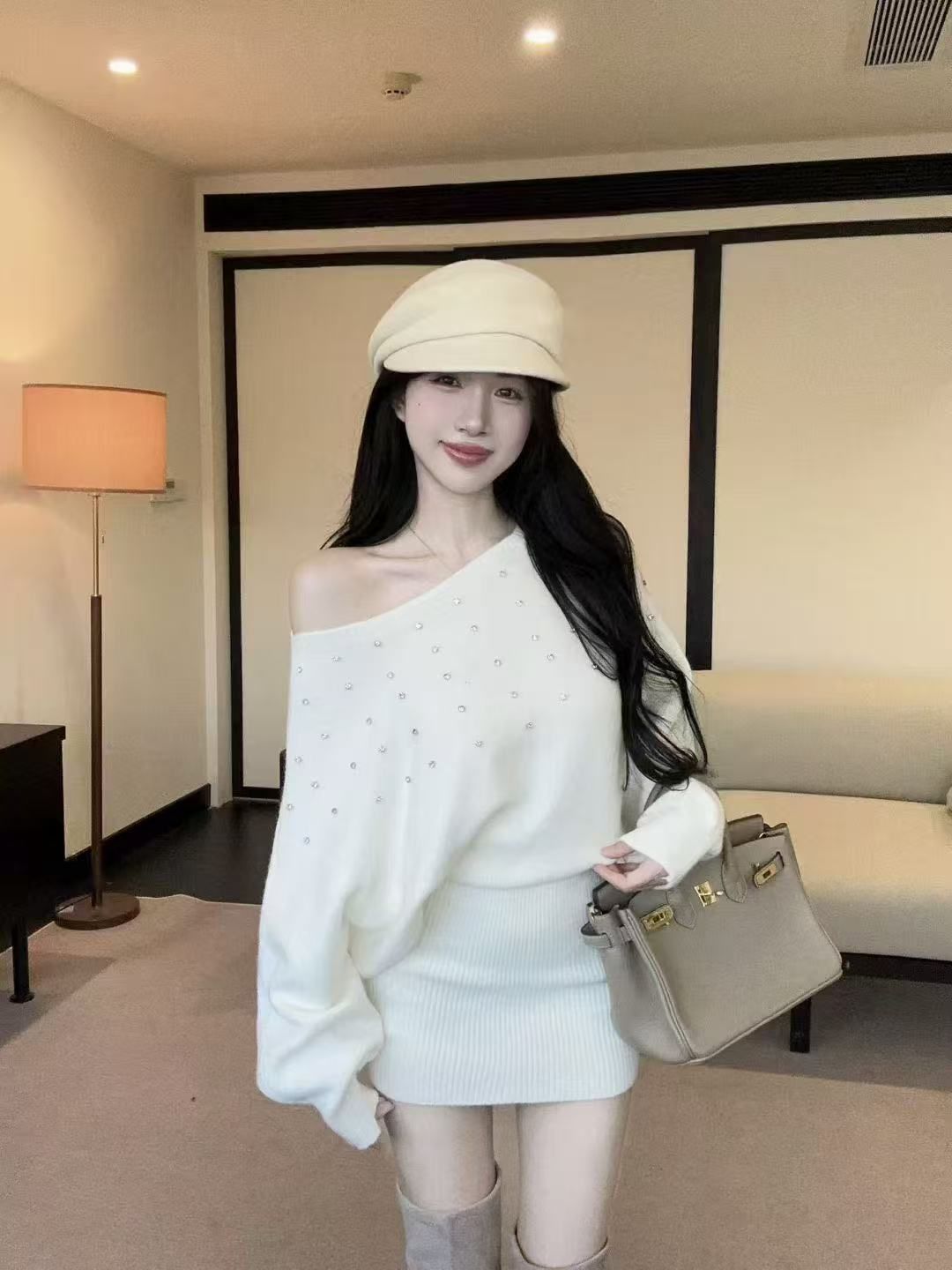 純欲性感高級燙鑽露肩連衣裙