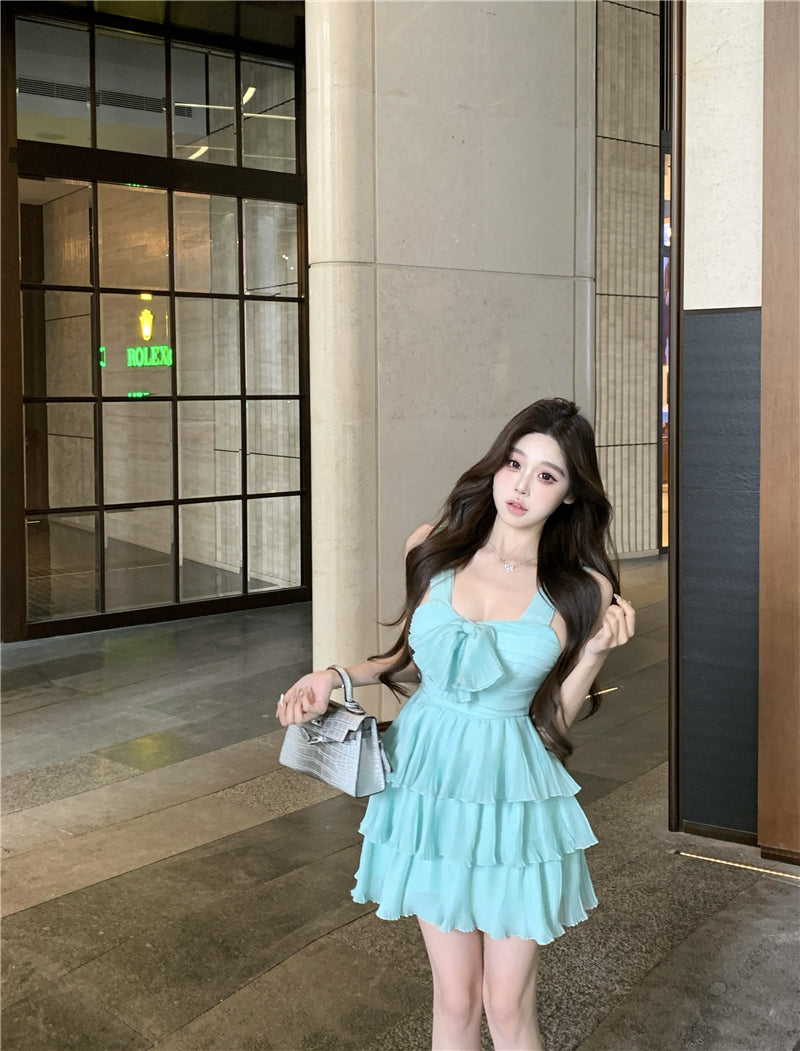 夏日甜美薄荷綠可愛連身短洋裝