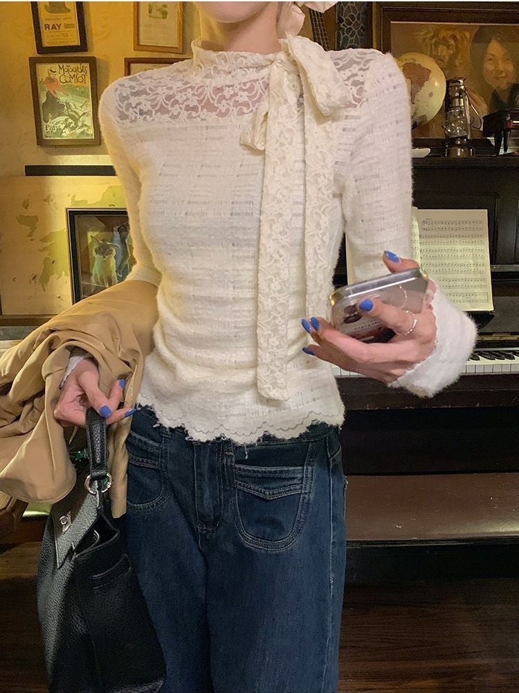蕾絲鉤花半高領蝴蝶結綁帶內搭上衣