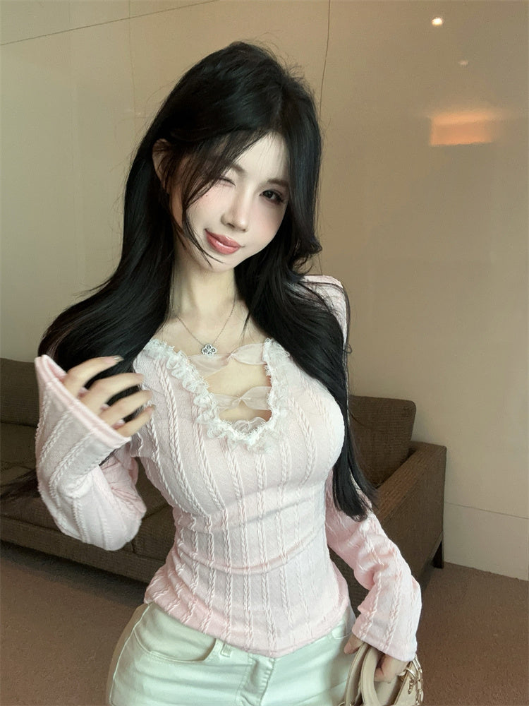 氣質甜酷辣妹花邊拼接蝴蝶結v領修身上衣