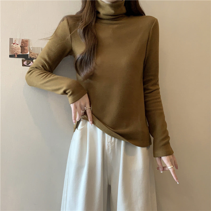 羅紋德絨長袖T恤女秋冬高領內搭打底衫