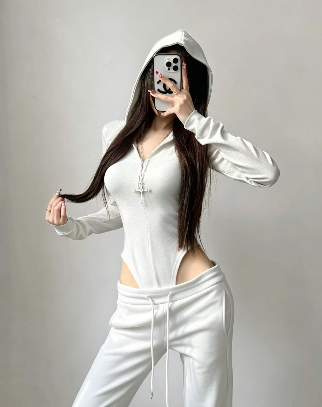 韓系性感純欲連帽v領拉鍊連體衣